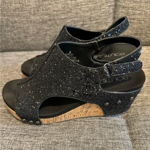 CORKYS Carley Glitter Peep Toe Wedge Sandals Black